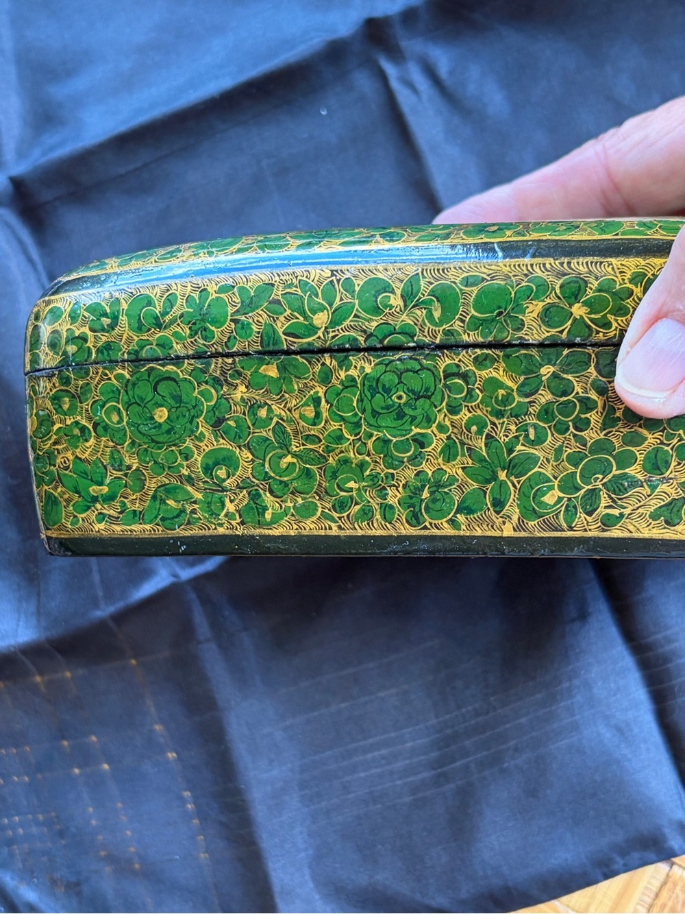 Vintage Green Gold Lacquer Floral Trinket Box Keepsake Jewelry Storage Decor - Picture 6 of 7